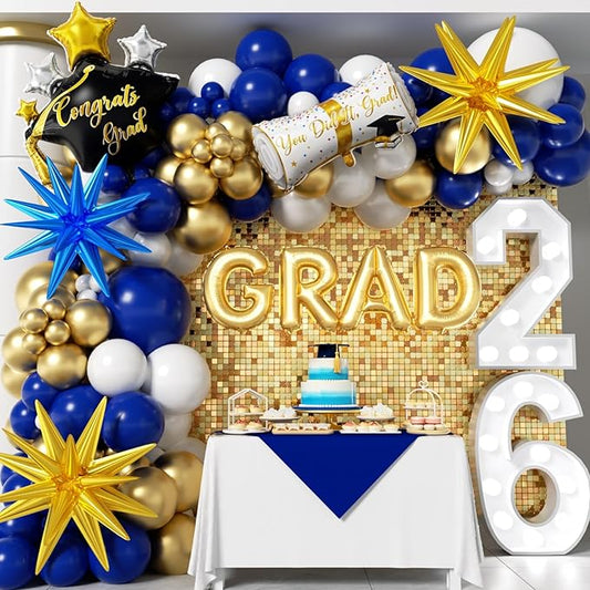 Royal Blue and Gold Graduation Balloons Garland Arch Kit 153Pcs, Graduation Decorations 2026 with Grad Cap, Certificate & Star Foil Balloons for Class of 2026 College High School Prom Supplies