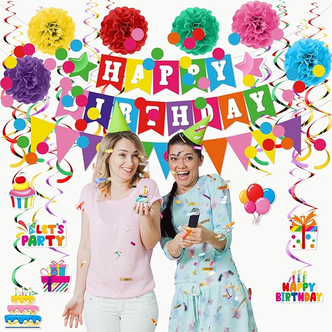 Clabby Rainbow Birthday Decorations Kit Including Colorful Happy Birthday Banner Hanging Swirls Streamers Cutouts Honeycomb Flower Balls Triangle Bunting Flag Circle Dots Confetti Garland Supplies