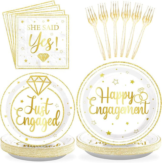 96Pcs Happy Engagement Party Supplies Gold Just Engaged Plates and Napkins Tableware Sets She Said Yes Engagement Decorations for Engaged Proposal Wedding Bridal Shower Married Party Favors Serve 24