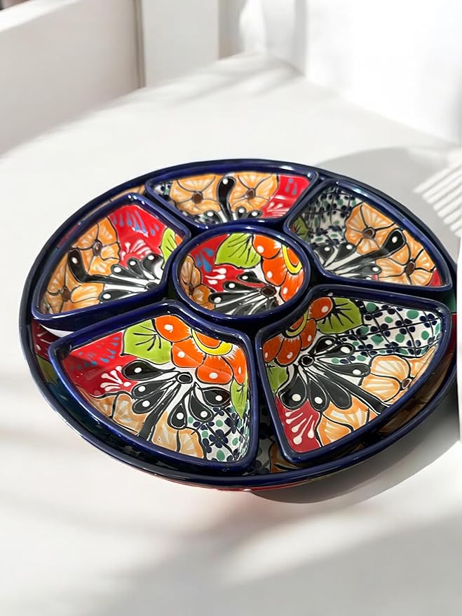 Handmade 7-Piece Talavera Appetizer Tray | Sectional Botanero Party Platter for Dips, Sauces & Charcuterie