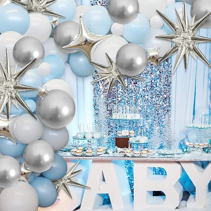 TONIFUL 4 Pcs 22inch 4D Huge Silver Star Balloons Explosion Star Mylar Foil Balloons for Party Supplies Backdrop Christmas,New Year,Birthday, Wedding,Photo Booth Ornament
