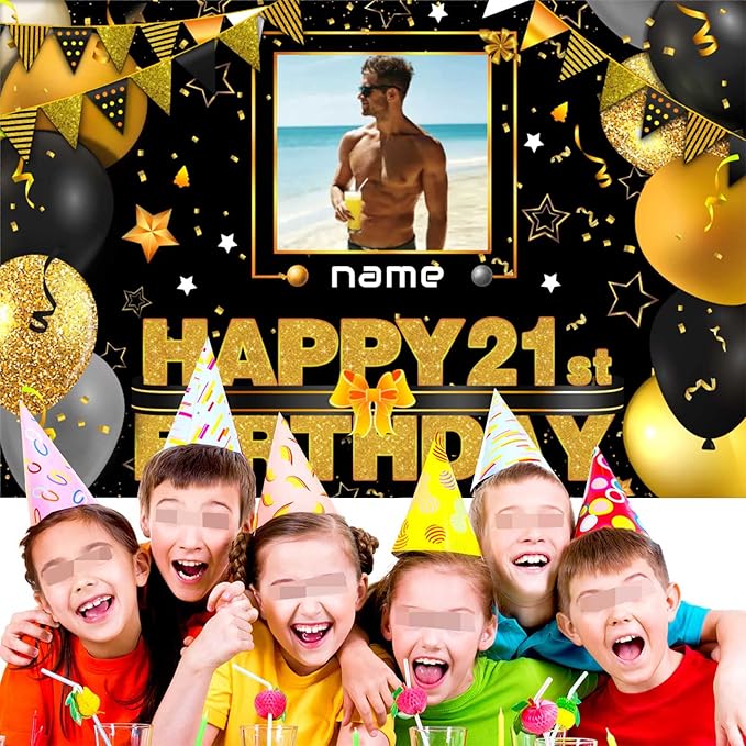 Personalized Black and Gold Decoration Banner for Custom Photos and Names - Happy 21st Birthday Celebration Supplies