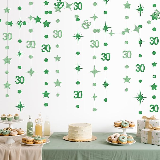 Green 30th Birthday Decorations Number 30 Circle Dot Star Garland Glitter Streamer Banner Backdrop for Women Men Dirty Thirty Cheers to 30 Years Old Birthday 30th Anniversary Party Supplies