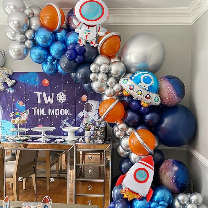 Outer Space Balloon Arch Garland Kit,119 PCS Navy Blue Metallic Silver Blue Balloon UFO Rocket Astronaut Balloons for Boys Kids Space Birthday Party Decorations