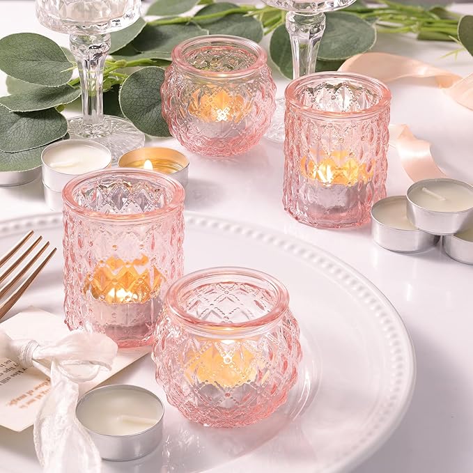 DARJEN 12Pcs Pink Votive Candle Holders- Glass Candle Holders Bulk for Flameless Tea Waxes, Romantic Candle Holder for Wedding & Parties, Home Table Decor
