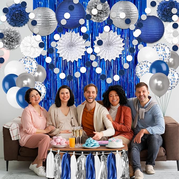 Navy Blue White Silver Party Decorations,46pcs Kit Balloon Paper Pompom Tassel Garland Men Blue and Silver Graduation Decorations Wedding Baby Bridal Shower Birthday Decor
