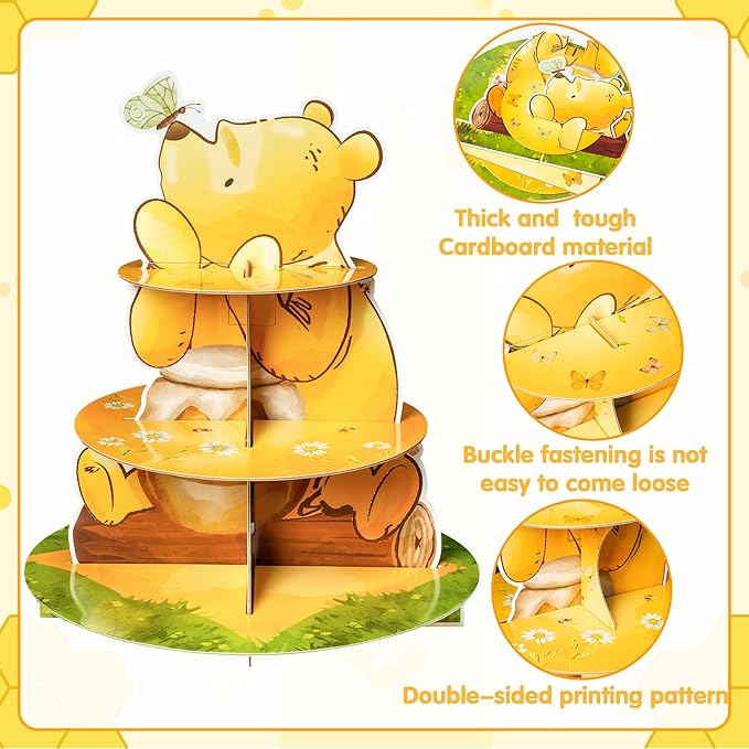 Winnie Themed Cupcake Stand - 3 Tier Winnie Party Dessert Holder Bear Theme Cardboard Cake Stand for Birthday Party Decorations Bear Cupcake Display for Boys Girls Baby Shower Party Supplies