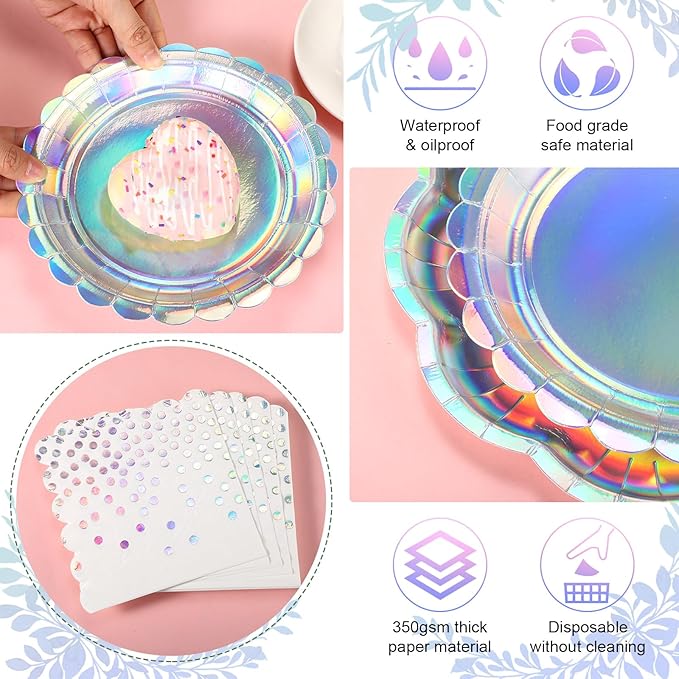 144 Pcs 48 Guests Iridescent Party Plates and Napkins Iridescent Disposable Rainbow Holographic Paper Plates and Napkins for Mermaid Bridal Shower Wedding Birthday Decorations Party Supplies