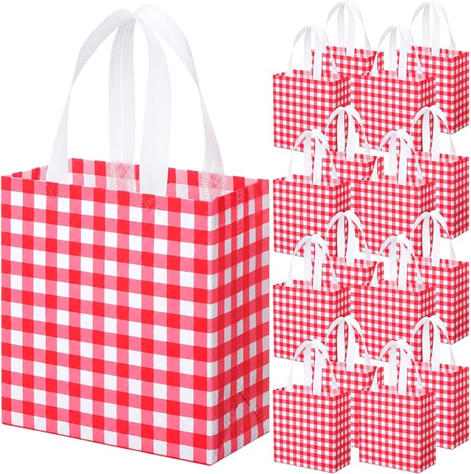 Sweetude 16 Pcs Red White Checkered Gift Bags with Handles Gingham Red and White Party Favors Non-woven Reusable Tote for Women Wedding Birthday Baby Shower Mother's Day Party Decorations