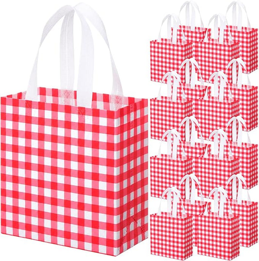Sweetude 16 Pcs Red White Checkered Gift Bags with Handles Gingham Red and White Party Favors Non-woven Reusable Tote for Women Wedding Birthday Baby Shower Mother's Day Party Decorations