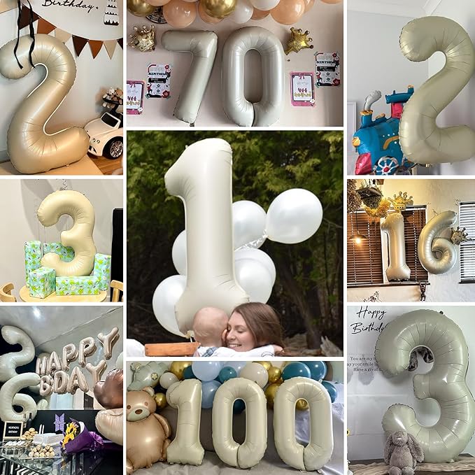 40 Inch Beige Number 5 Balloons for 5th Birthday Decorations Boys Girl, Giant Self-Sealing Cream Foil Number 0-10 White Sand Balloon for Women Men Party Anniversary Baby Shower Supplies