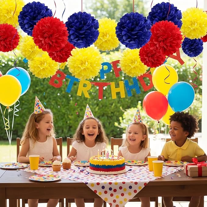 Red Blue Yellow Paper Pom Poms (12 Pack) - Hanging Tissue Flowers for Carnival Circus Birthday Party Ceiling Decorations