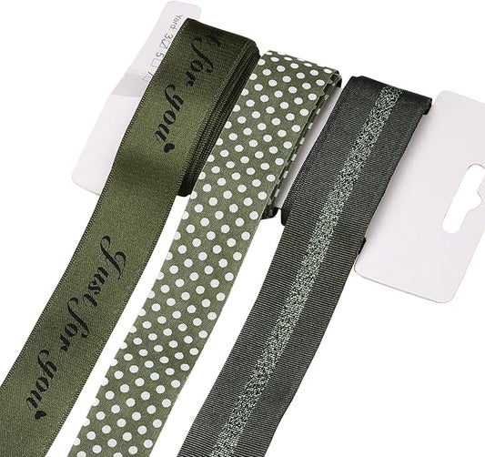 BEEFLYING 3 Styles 9 Yard Olive Green Wire Edged Ribbons Wrapping Decoration 25~28mm×2.7m Spot Ribbons Satin Ribbons for Wedding Party Deco Hair Bows Flower Designs Sewing and Craft
