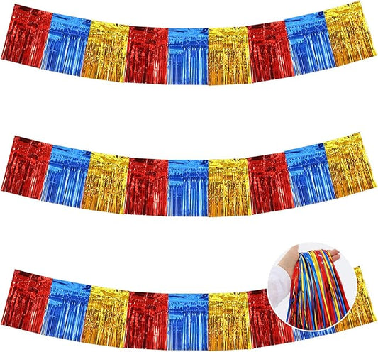 BEISHIDA 3 Packs Metallic Foil Fringe Garland Gold Red Blue Wall Hanging Tinsel Fringe Banners for Car Floats Birthday Baby Bridal Shower Wedding Graduation Holiday Party Decoration(30 Feet)