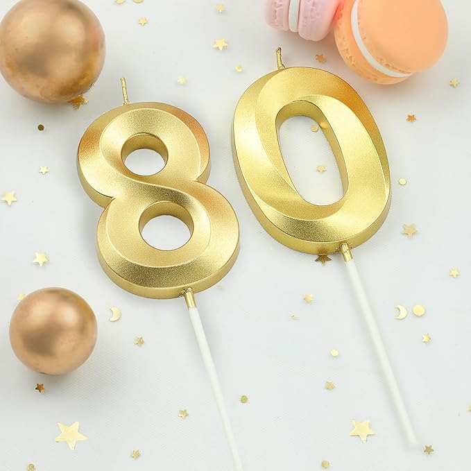 2.76 Inch Diamond Gold 80 Number Birthday Candles, Gold Number Candles, Cake Number Candles, Party Celebration