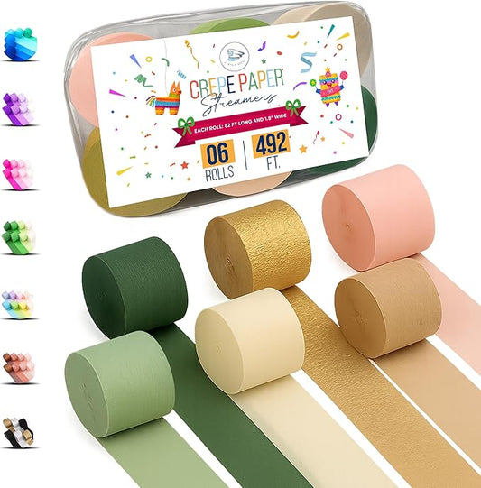 Captain Decor 6 Sage Green Streamers, 492 FT Sage Green Birthday Decorations, Party Decorations, Crepe Paper Streamers for Baby Shower, Wedding, Bridal Shower Party Supplies (1.8 inch x 82 ft/Roll)