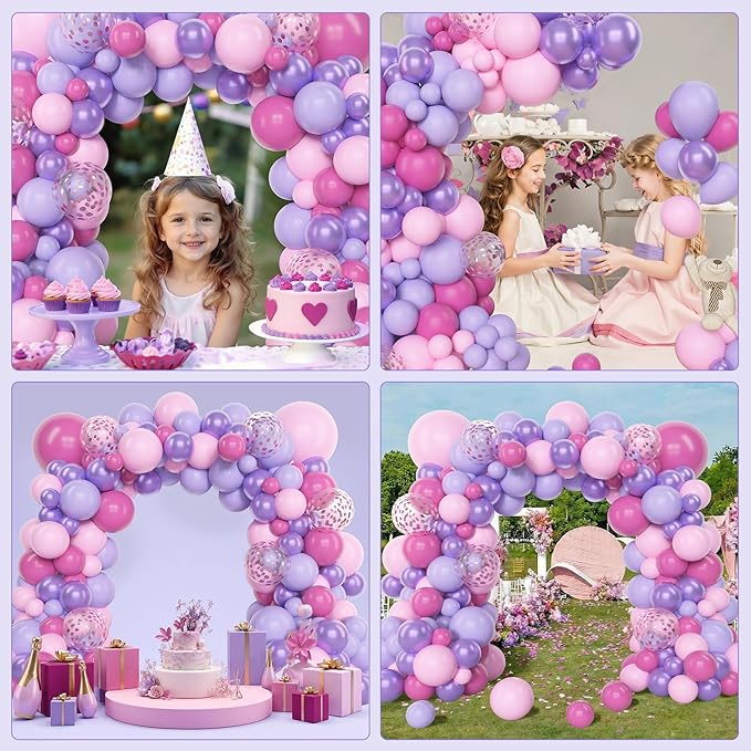 Amandir 153Pcs Pink Purple Balloons Arch Garland Kit Different Sizes 18 12 10 5inch Latex Pink Metallic Light Purple Rose Red Confetti Balloon Mother Butterfly Shower Bridal Birthday Party Decorations