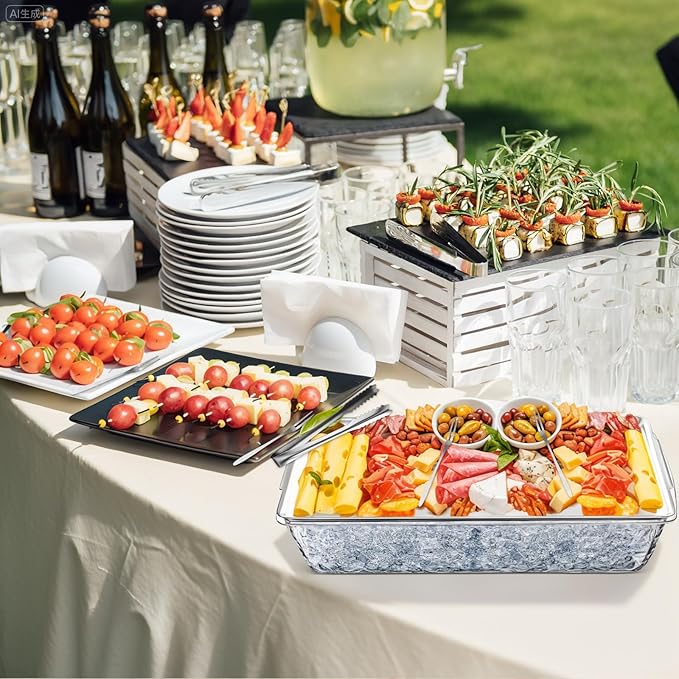 Baderke 2 Sets 16" x 9" Chilled Serving Tray for Parties with Compartments and Lid Charcuterie Serving Board Ice Rectangle Chilled Party Platter for Seafood Vegetable Fruit Shrimp Cocktail (Silver)