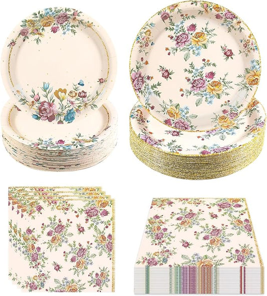 180Pcs Vintage Floral Party Supplies Paper Plates and Napkins Serve 60 Disposable Tableware Set for Birthday Party Decorations Game Day Family Holiday Sports Events