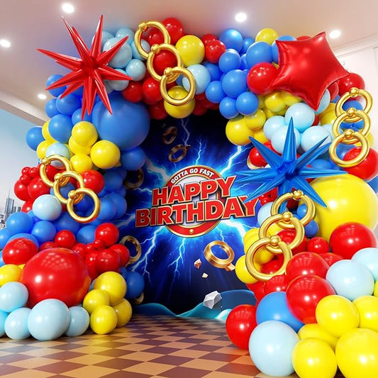 Cartoon Balloon Garland Arch Kit 171pcs with 4D Star Gold Long Balloons, Red Blue Yellow Balloons Arch Kit for Birthday Baby Shower Carnival Circus Hedgehog Super Hero Gamer Theme Party Decor