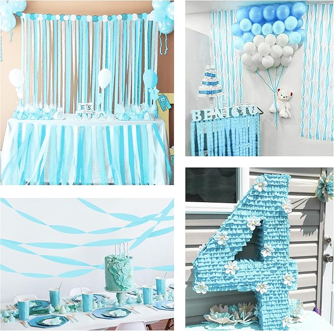 8 Rolls Crepe Paper Streamers, Light Sky Blue Streamers Party Decorations for Baby Shower Birthday Gender Reveal Under The Sea Party