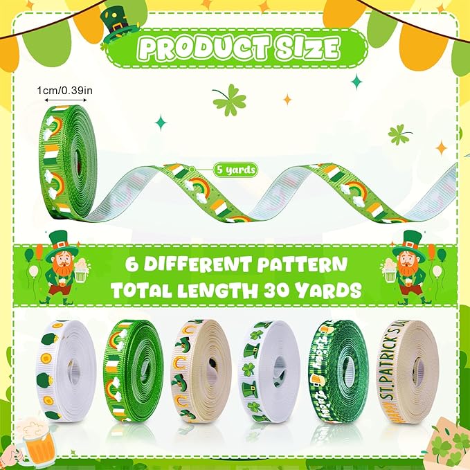 6 Roll Saint Patrick's Decor Ribbons, 3/8 Inch x 30 Yard Green Hat Clover Grosgrain Ribbon, Coin St. Patrick's Day Craft Ribbon for Gifts Wrapping Wreath DIY Bows Making Party Decoration