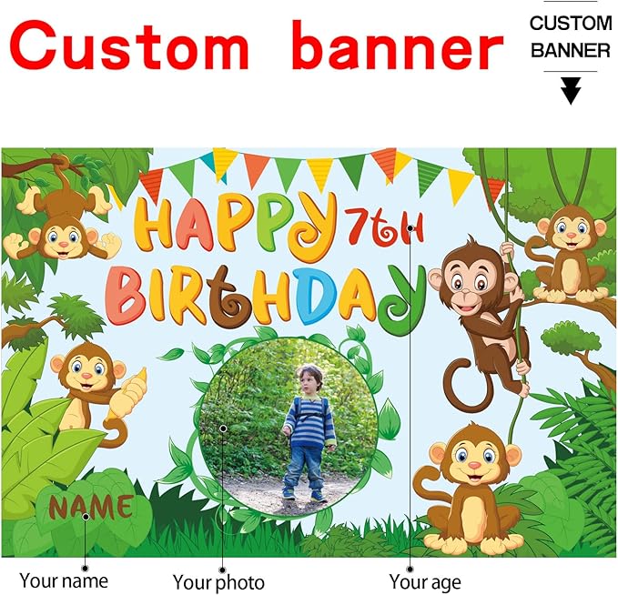 Custom Monkey Jungle Safari Happy Birthday Party Decorations Supplies Personalized Monkey Jungle Safari Green Birthday Backdrop Banner(5x7.5ft)