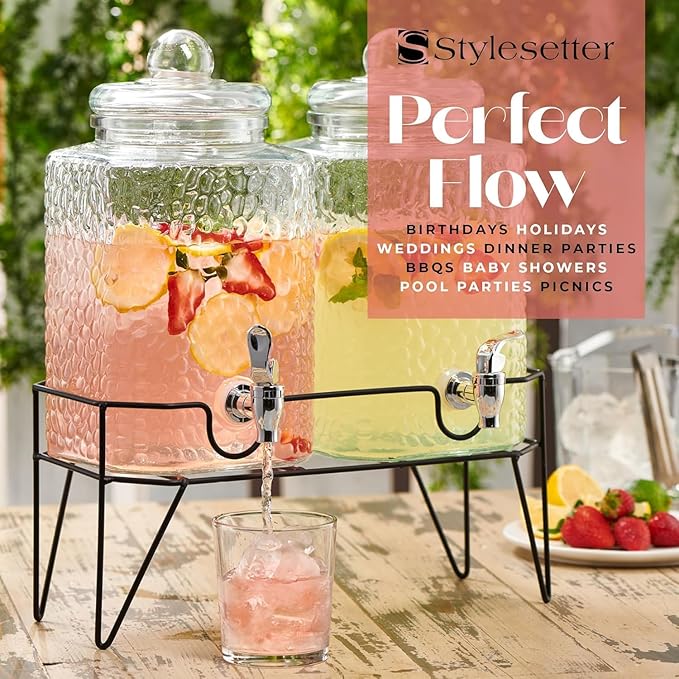 Style Setter Premium Glass Drink Dispensers with Metal Stand for Parties – Beverage Dispenser Set for Cold Drinks, Lemonade, Cocktails, Juice – Party Glass Drink Dispenser Station - 1.5 Gal, Set of 2
