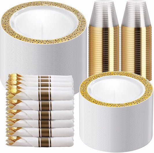 WELLIFE 50 Guests Dinnerware Sets, Gold Plastic Plates，Platos Para Fiestas Elegantes Desechables Include:50 Dinner Plates, 50 Dessert Plate, 150 Pcs Gold Plastic Silverware, 50 Cups for Party
