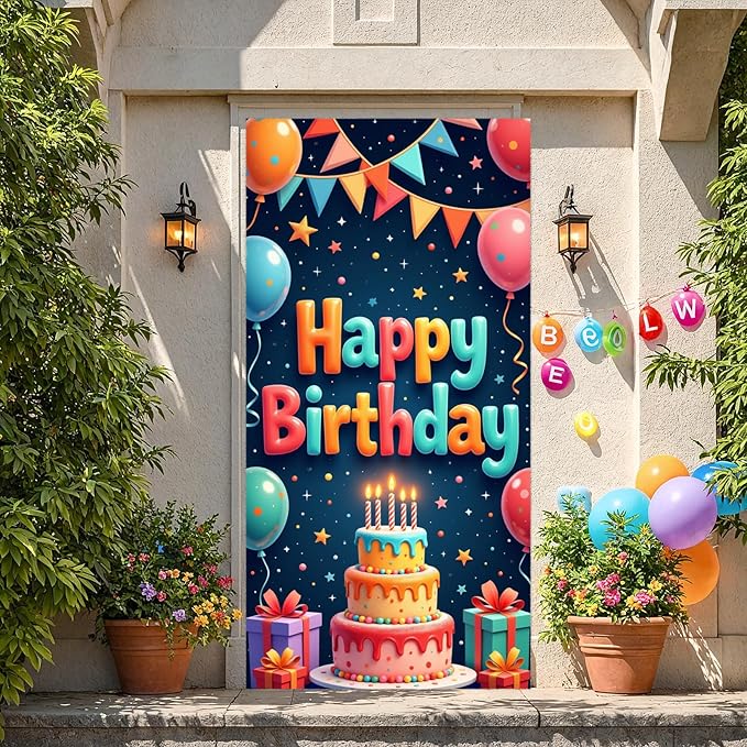Colorful Happy Birthday Party Door Cover Banners Sign Decorations Birthday Backdrop Background with Cake Balloon Gift for Bday Party Decor Supplies Decorations Indoor Outdoor Kids Girls Boys