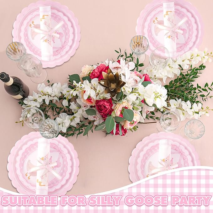 Zhehao 350 Pcs One Silly Goose Birthday Party Tableware Set Scalloped Pink Bow Baby Shower Plates Cup Napkins Forks for Birthday Party Decorations Supplies for 50 Guests