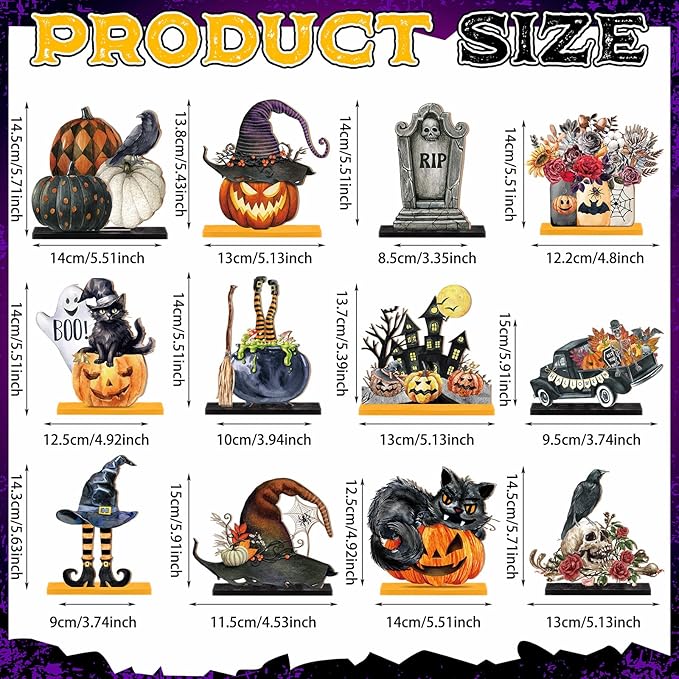 Marsui 12 pcs Halloween Wooden Decor Table Centerpieces Decorations for Home Spooky Halloween Pumpkin Ghost Black Cat Wooden Sign Wood Blocks Sign Home Decoration Tiered Tray Decor for Kitchen Shelf