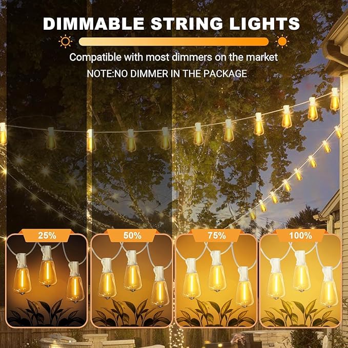 LAMPHOME 4-Pack 26FT Outdoor Patio Lights, 2700K Warm White String Lights 12+1 LED Waterproof Shatterproof Edison Bulbs, Dimmable with Timer for Garden Backyard Yard Hanging Lighting