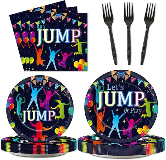 96Pcs Jump Party Supplies Lets Jump Paper Plates Napkins Trampoline Party Decorations Jumping Theme Birthday Dinnerware Party Favor Baby Shower Tableware Serves 24