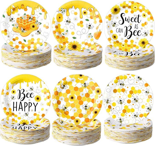 Funnymoom 60 Pcs 7 Inch Honey Bee Paper Plates Bee Happy Shower Tableware Gender Reveal Party Dinnerware Honey Theme Day Birthday Party Tableware Decorations Favors