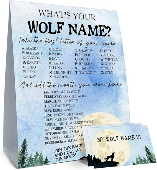 What's Your Wolf Name,1 Game Sign and 30 Name Stickers,Howling Wolf Birthday Party, Holiday Activity, Activity Game for Class Graduation Birthday