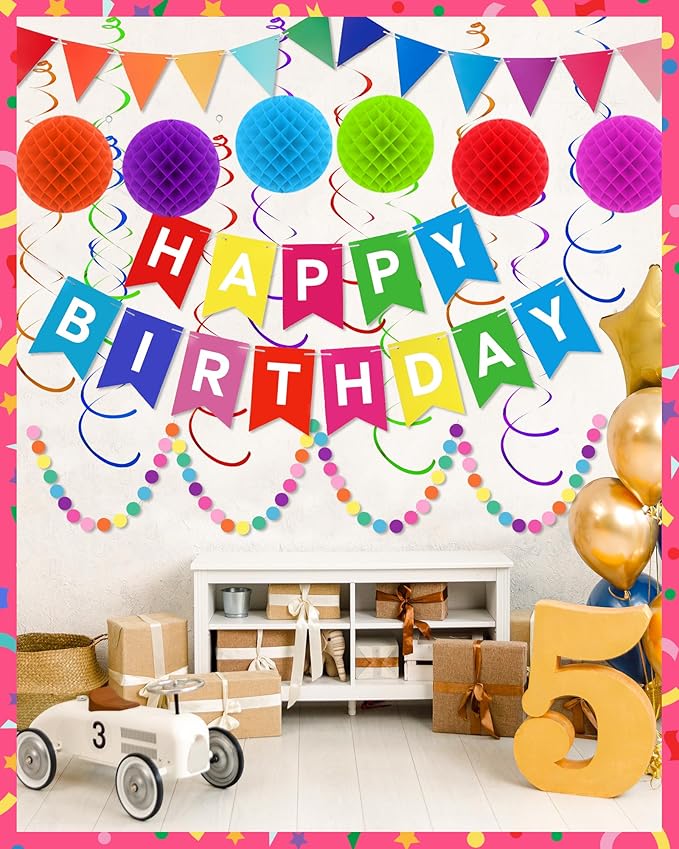 Oomloid Happy Birthday Party Decorations - Colorful Happy Birthday Banner Swirl Streamers Honeycomb Balls Circle Dots Garland Triangle Flag Bunting, Rainbow Decor for Women Men Boys Girls