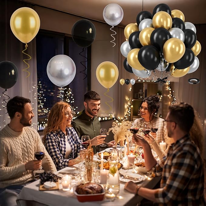 Black and Gold Balloons Set, 12 Inch Black Gold Silver Balloon New Year Eve Party Decoration Black Silver Latex Balloons for New Year Party Birthday Wedding Graduation Banquet Decoration