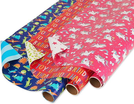 American Greetings Reversible Birthday Wrapping Paper for Kids, Dinosaurs and Unicorns (3 Rolls, 120 sq. ft)