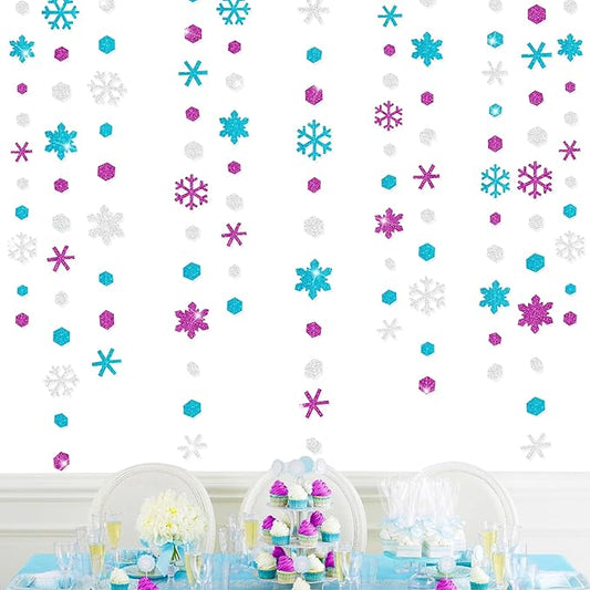 52 Ft Snowflakes Party Decorations Silver Purple Blue Glitter Paper Snowflakes Garland Streamer for Winter Wonderland Christmas Holiday Frozen Birthday Wedding Baby Shower Bridal Shower Party Supplies