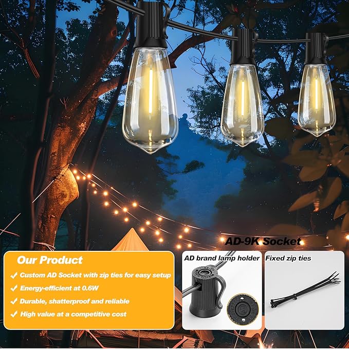 50 FT Outdoor String Lights with 27 Shatterproof Waterproof LED Edison Bulbs Connectable Hanging Patio Lights for Backyard Deck Party