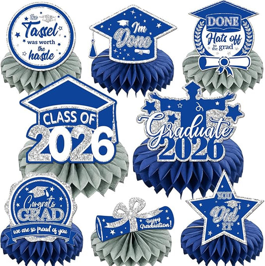 8 PCS Blue Silver Graduation Party Decorations Class of 2026 Blue Congrats Grad Honeycomb Centerpieces Congratulate Graduation Table Toppers for Graduation Party Supplies