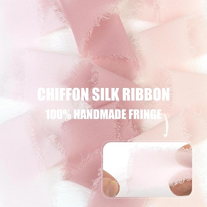 Pink Chiffon Ribbon 1 Inch x 21Yds Handmade Fringe Chiffon Silk Ribbon Dusty Rose/Blush/Pink Frayed Chiffon Ribbon for Wedding Invitation Flower Bouquets Gift Wrapping Bridal Shower Baby Shower