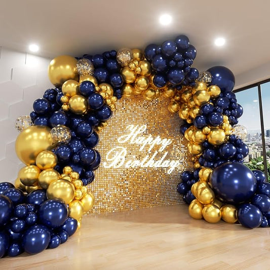 Blue and Gold Balloon Arch Kit, ADOINBY 144Pcs Navy Blue Metallic Gold Latex Balloon Garland kit, 18 12 10 5 Inch Different Size Balloons for Graduation Birthday Anniversary Party Decorations