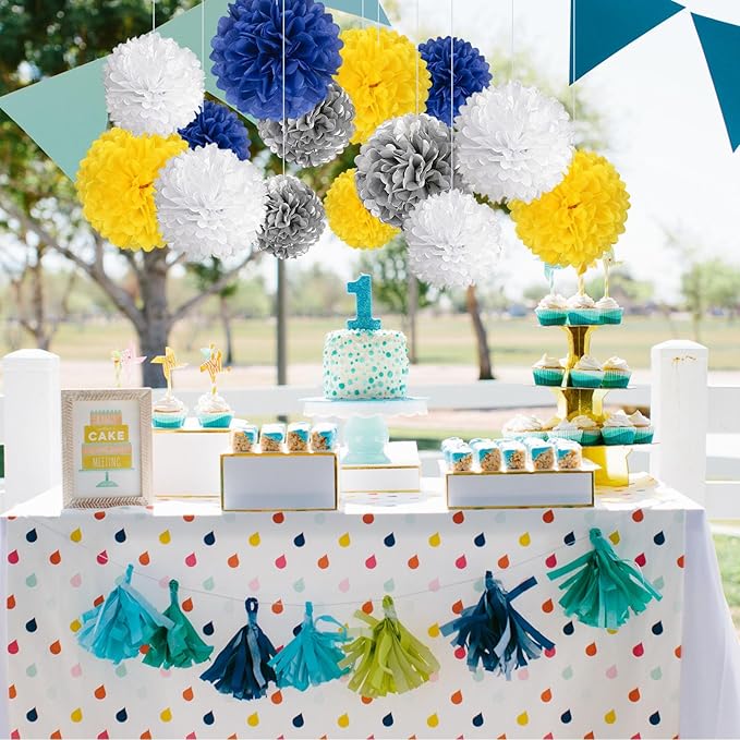 20 PCS Tissue Paper Pom Poms, Tissue Pom Poms Flowers, Sizes of 6", 10", 12", 14" Hanging Paper Flower Ball for Wedding, Birthday, Graduation, Baby Shower Party Decor (Yellow White Silver Blue)