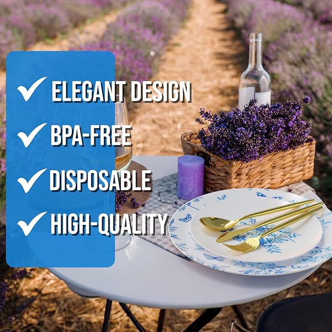 Trendables Fancy Plastic Dinnerware Sets 100 Pc Set 20 Guests Gold Silverware Disposable 20 X 10 Inch Charger Plates 20 X 8 Inch Dessert Plates 20 x Gold Plastic Forks and Spoons Knives In Botanical