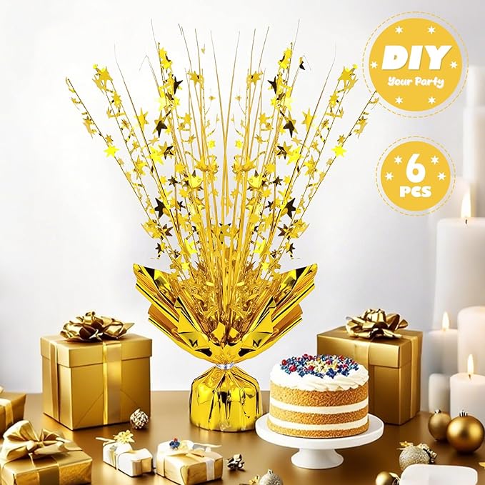 6 Pack Metallic Foil Spray Centerpiece Star Table Decoration Burst Table Centerpieces for Birthday Wedding Anniversary Celebrations Party Decor Supplies (Gold)
