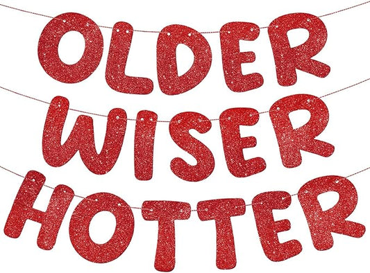Fulmoon Set of 3 Pre Strung Older Wiser Hotter Glitter Banner Funny Birthday Banner for Women 30th 40th 50th 60th 70th 80th Birthday Party Decorations Sign Gift(Red)