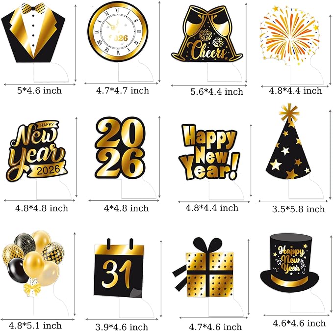 Happy New Year Honeycomb Centerpieces 2026 New Year's Eve Table Decorations 12Pcs New Year Theme Party Supplies Black and Gold Cheers to 2026 Centerpieces for Countdown Party Decor