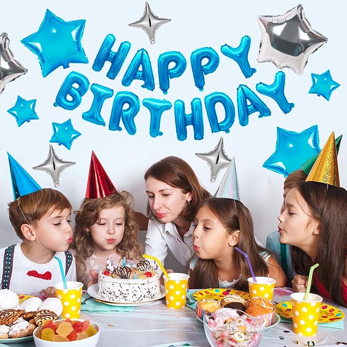 CANREVEL Happy Birthday Banner 13pcs 16 Inch Mylar Foil Letters with 12pcs Star Balloons Birthday Party Decorations for Kids and Adults - 3D Light Blue